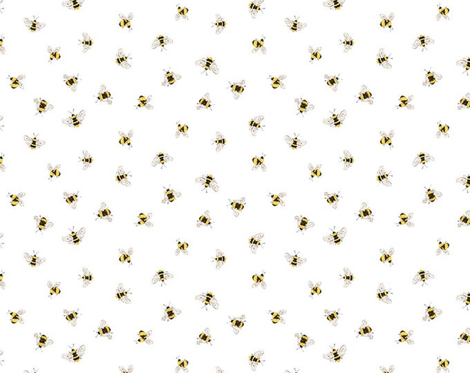 Sunflower Bouquets Digital Bees Fabric – Y3912-1 White by Clothworks -