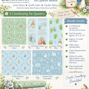May include: A Beatrix Garden Party Peter Rabbit fat quarter bundle featuring five coordinating 100% cotton quilting fabrics. The collection includes Trellis Bunnies in green and blue, Storybook Scenes, Lettuce Patch, and Garden Toile in tonal blue.