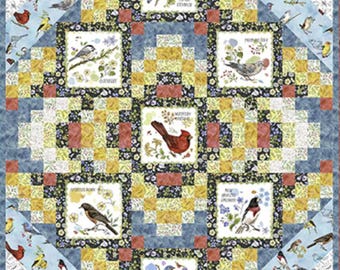 Drawn to Birds Quilt Kit – Bird Panel Quilt – Nature Inspired Throw – QT Fabrics – Birdwatcher Gift – Watercolor Bird Quilt
