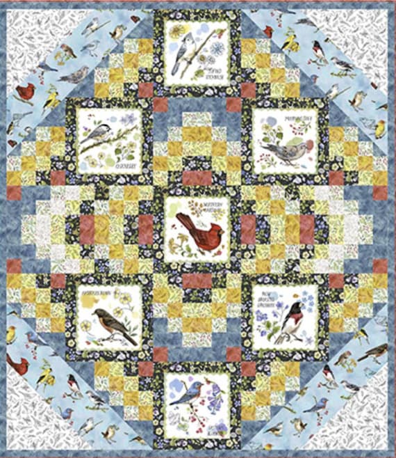 Drawn to Birds Quilt Kit – Bird Panel Quilt – Nature Inspired Throw – QT Fabrics – Birdwatcher Gift – Watercolor Bird Quilt
