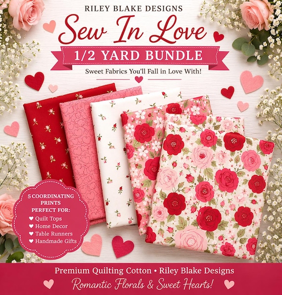 Riley Blake Sew In Love Half Yard Bundle, Valentine Fabric Bundle, Floral Heart Fabric, Quilting Cotton Bundle, Romantic Quilt Fabric