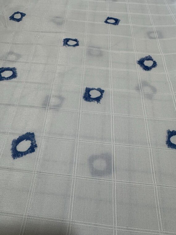White Grid Sheer Fabric with Blue Embroidered Circles 231B