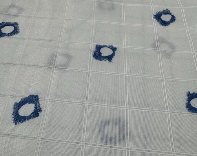 White Grid Sheer Fabric with Blue Embroidered Circles 231B