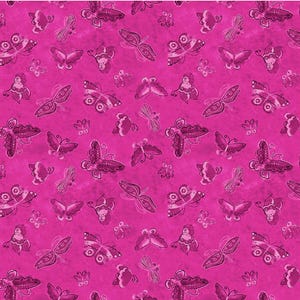 May include: A pink background with a repeating pattern of white butterflies. The butterflies have intricate designs and are scattered randomly across the surface.