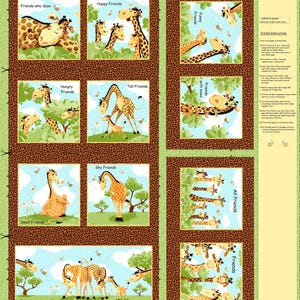 May include: A fabric panel featuring various giraffe illustrations with text labels like "Friends who doze" and "Happy Friends." The images are set against a light blue sky and green foliage, with a brown border. The panel includes printed instructions.