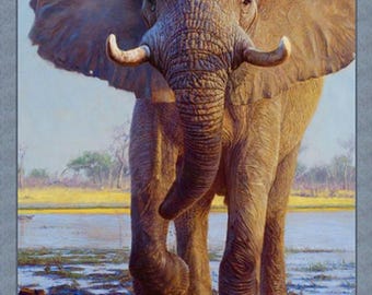 May include: A detailed painting of an African elephant standing in shallow water. The elephant has large ears, tusks, and a long trunk. The water reflects the elephant and the surrounding landscape, with a yellow and green field in the background.