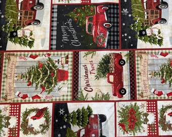 Red Christmas Trucks & Holiday Blocks Fabric 227B