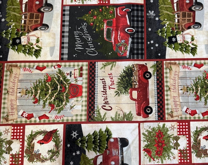Red Christmas Trucks & Holiday Blocks Fabric 227B
