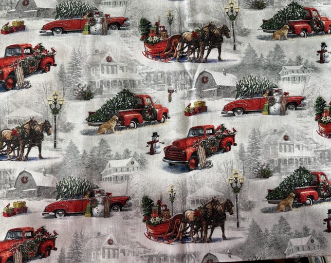 Christmas Farm Fabric by Tim Coffey – Red Truck, Snowman & Winter Sleigh Ride 187