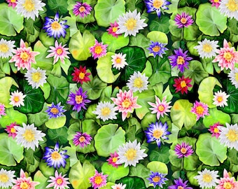 Clothworks Dragonfly Days Collection Digital Packed Lily Pads – Multi ColorY3755-55