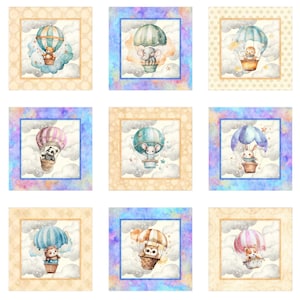 May include: A fabric panel featuring nine square illustrations of animals in hot air balloons. Each balloon is a different color and design, with animals like a bear, elephant, and bunny. The background includes clouds and a decorative border.