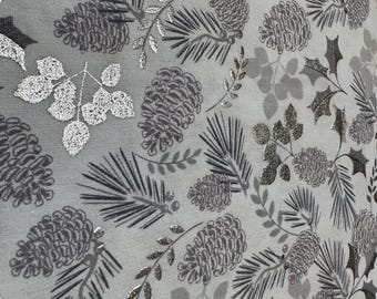 Metallic Winter Pinecones Fabric – Silver & Gray Foliage 226B