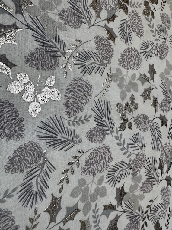 Metallic Winter Pinecones Fabric – Silver & Gray Foliage 226B