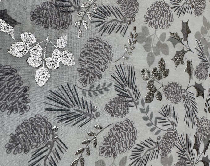 Metallic Winter Pinecones Fabric – Silver & Gray Foliage 226B