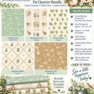 May include: A Peter Rabbit Countryside Neutrals fat quarter bundle featuring five coordinating cotton fabrics with Beatrix Potter designs. Patterns include Woodland Toile in sage and tan, Storybook Scenes, Lettuce Patch, and Diagonal Garden in cream.