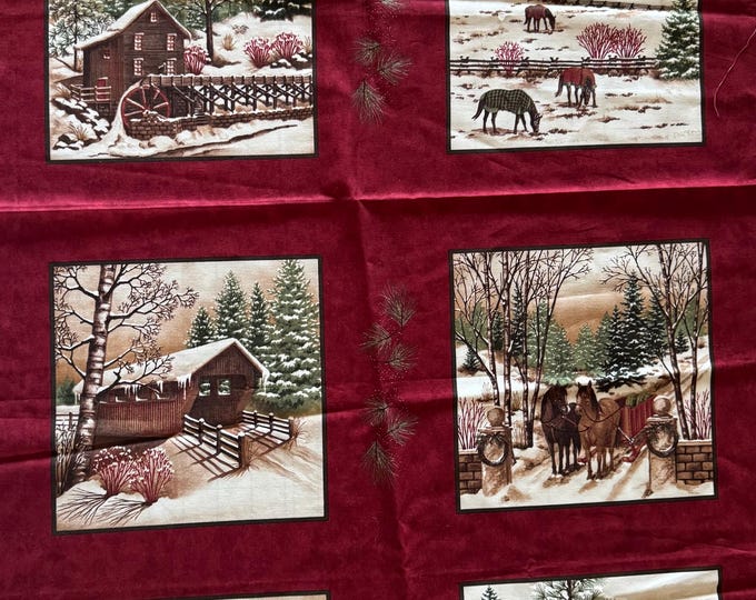 Moda “Winter White” Holly Taylor – Rustic Winter Barn & Horses Panel – Christmas Scenic Fabric 325