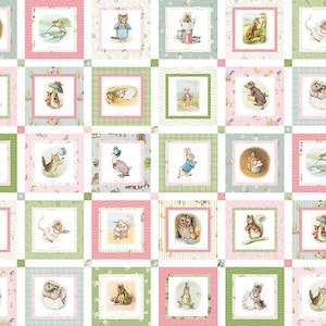 May include: A cotton fabric featuring a repeating grid pattern of square illustrations depicting Beatrix Potter characters including Peter Rabbit, squirrels, and mice. The squares are framed by alternating pink and green borders with small floral accents.