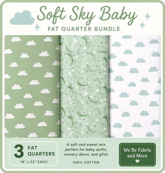 Soft Sky Baby Fabric Bundle – Fat Quarter Bundle – Clouds & Shooting Stars Cotton Fabric – Nursery Quilt Fabric – 3 Piece Bundle