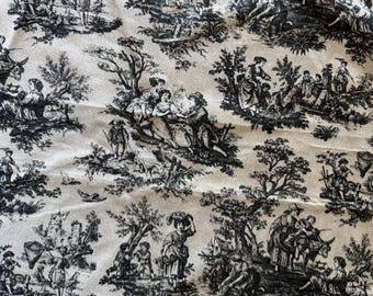 Black Cream Pastoral Toile Fabric – Country Scenic Farmhouse Print 324B