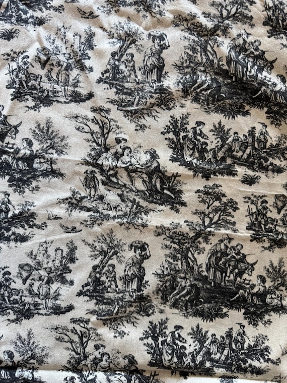 Black Cream Pastoral Toile Fabric – Country Scenic Farmhouse Print 324B