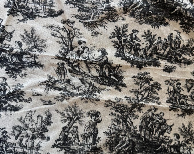 Black Cream Pastoral Toile Fabric – Country Scenic Farmhouse Print 324B