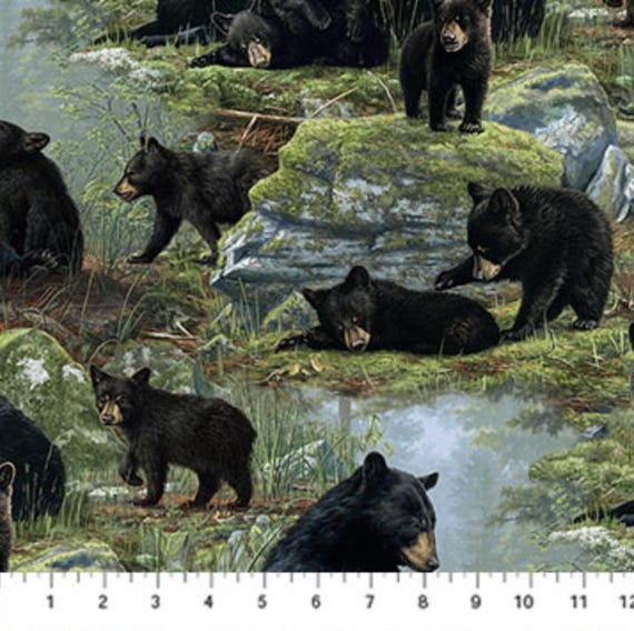 Northcott Fabric Bear's Den DP27622-99 Bear Scenic Black Multi