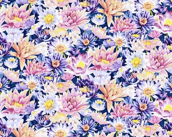 Clothworks Dragonfly Days Collection - Packed Lilies - Blue Y3754-90