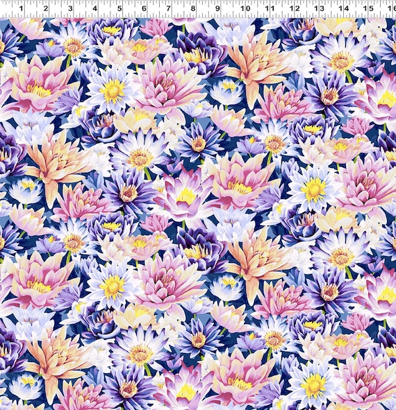 Clothworks Dragonfly Days Collection - Packed Lilies - Blue Y3754-90
