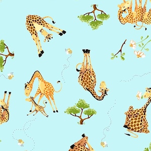 May include: Light blue fabric with a repeating pattern of giraffes in various poses, including upside down. The giraffes are tan with brown spots. Small green trees, bees, and white flowers are also scattered across the fabric.