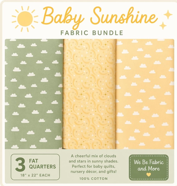 Baby Sunshine Fabric Bundle – Fat Quarter Bundle – Clouds & Stars Cotton Fabric – Nursery Quilt Fabric – Yellow Baby Fabric – 3 Piece Bundle