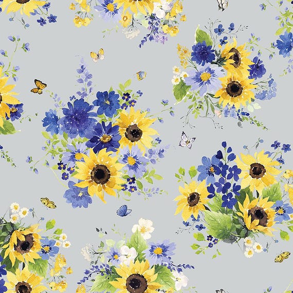 Sunflower Bouquets Digital Tossed Bouquets Fabric – Y3908-116 Mist Gray by Clothworks