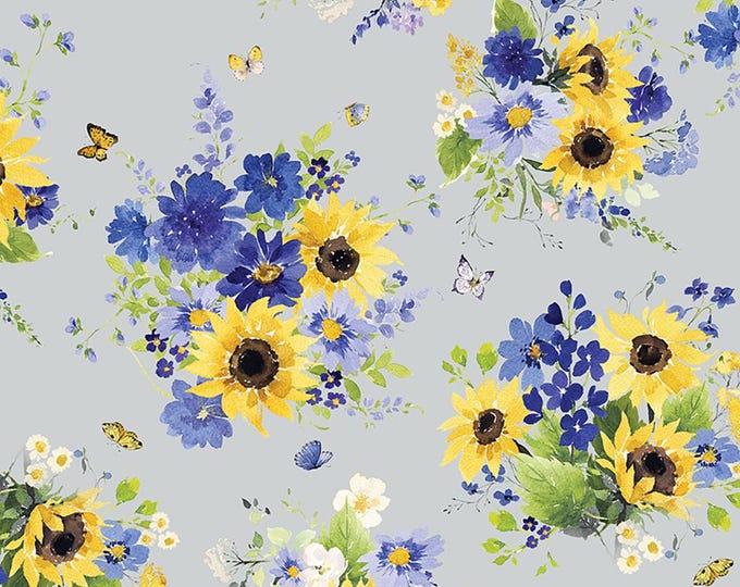 Sunflower Bouquets Digital Tossed Bouquets Fabric – Y3908-116 Mist Gray by Clothworks