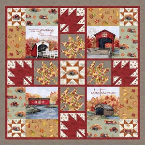 Op de afbeelding: Een patchworkquilt met een herfstthema. Het ontwerp bevat rode overdekte bruggen, herfstbladeren en stermotieven. De quilt bevat de zinnen "Roads were made for journeys, not destinations" en "adventure awaits".