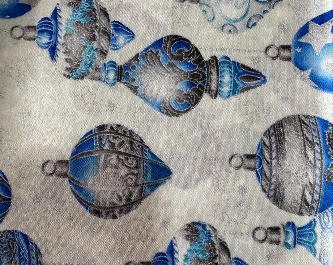 Holiday Flourish Metallic Ornaments Fabric – Blue & Silver 184