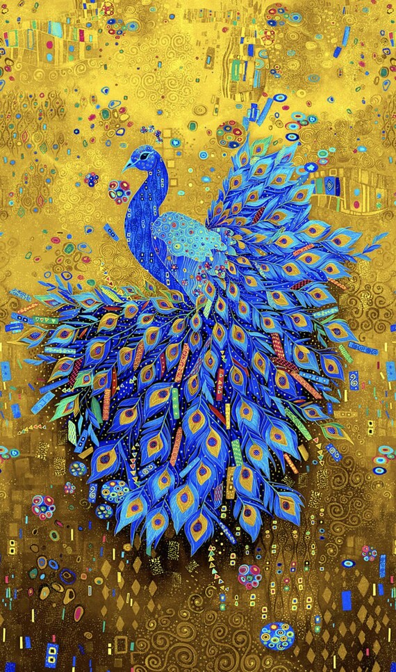 Timeless Treasures – Gilded Plume Peacock Panel in Yarrow Gold Q6