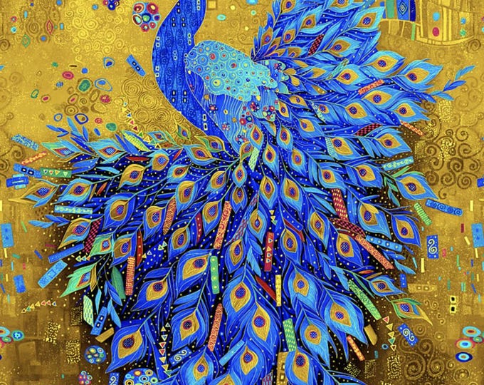 Timeless Treasures – Gilded Plume Peacock Panel in Yarrow Gold Q6