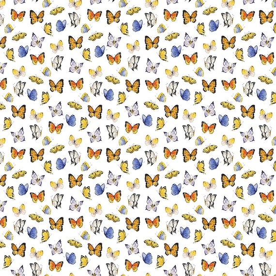Sunflower Bouquets Digital Butterflies Fabric – Y3911-1 White by Clothworks