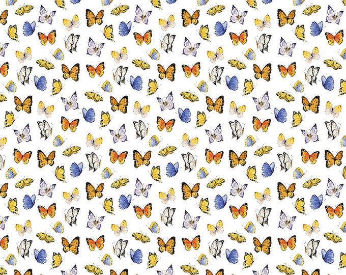 Sunflower Bouquets Digital Butterflies Fabric – Y3911-1 White by Clothworks