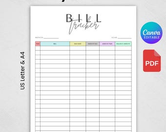 Bill Pay Organizer. Bill Payment Log. Monthly Bill Payment Checklist,bill Pay Template,Digital Bill Tracker,Monthly Bill Log,Canva Temlplate