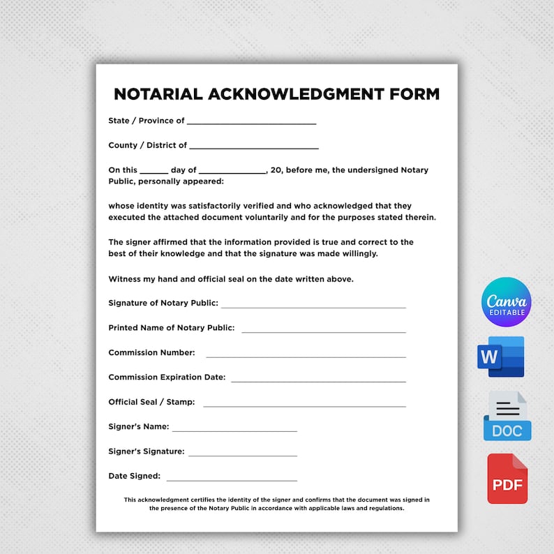 May include: A white Notarial Acknowledgment Form document with black text featuring fields for state, county, date, notary public details, and signer information. The document includes icons for Canva, Word, DOC, and PDF file formats on the right side.