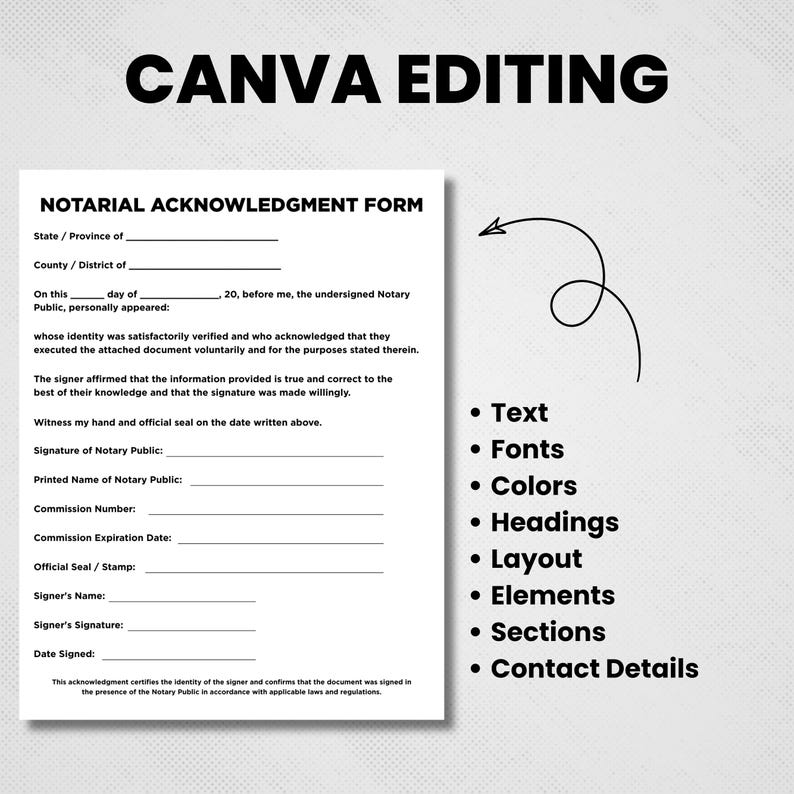 May include: A digital template for a Notarial Acknowledgment Form with black text on a white background. The document includes fields for state, county, date, notary signature, and signer details. A curved arrow points to a list of editable features.