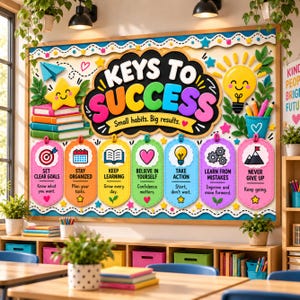 May include: A classroom bulletin board featuring the text Keys to Success Small habits. Big results. It displays seven colorful icons with labels including Set Clear Goals, Stay Organized, Keep Learning, Believe in Yourself, Take Action, Learn from Mistakes, and Never Give Up.