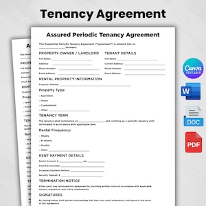 May include: A white document titled Tenancy Agreement and Assured Periodic Tenancy Agreement with blank fields for landlord and tenant details, property information, tenancy term, rent payment details, and signatures, alongside Canva, Word, and PDF icons.