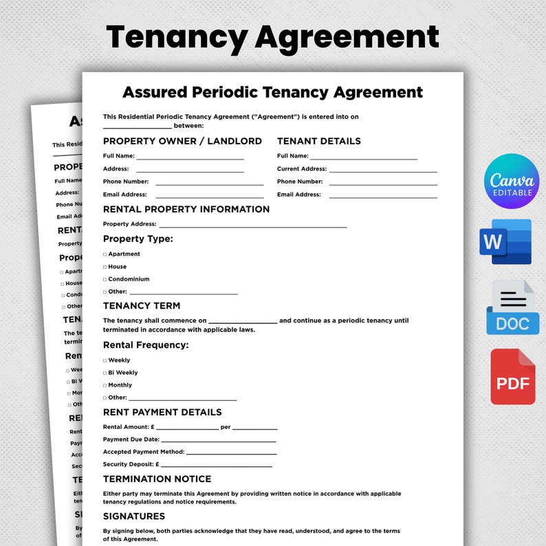 May include: A white document titled Tenancy Agreement and Assured Periodic Tenancy Agreement with blank fields for landlord and tenant details, property information, tenancy term, rent payment details, and signatures, alongside Canva, Word, and PDF icons.