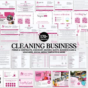 May include: A collection of over 170 cleaning business templates featuring white documents with pink accents, including forms, contracts, checklists, invoices, quotes, business cards, vouchers, and social media graphics with text labels.