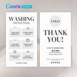 Editable Washing Instructions Card Template, Printable Clothing Care Instructions Card, Shirt Care Card, Thank You Card, Canva Template