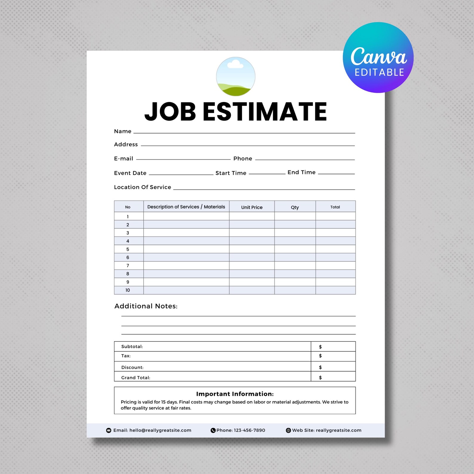 Job Estimate Template, Contractor Estimate Template, Job Estimate Form ...