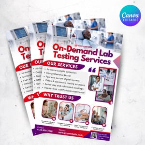 May include: Flyers for On-Demand Lab Testing Services. The flyers have a white background with red and purple text. The text includes "Our Services" and "Why Trust Us". Images of medical professionals and patients are included.
