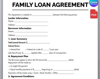 One Page Family Loan Agreement, Family Loan Agreement, Family Contract, Loan Agreement, Agreement Contract, Family Loan Form, Canva Template