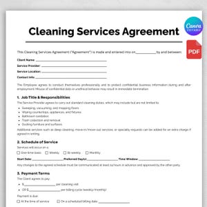 Reinigungsdienstvertrag, Reinigungsvertrag, Reinigung Business Template, druckbare Haushälterin Vereinbarung, Wohnungsreinigung, Canva Vorlage